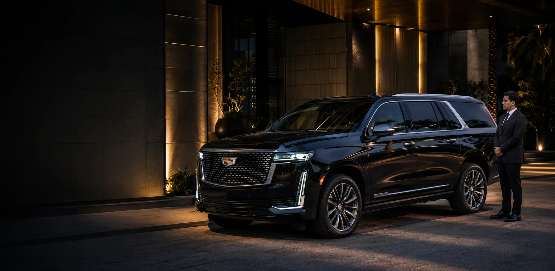 Representative black Cadillac Escalade SUV outside a modern Los Angeles hotel at night