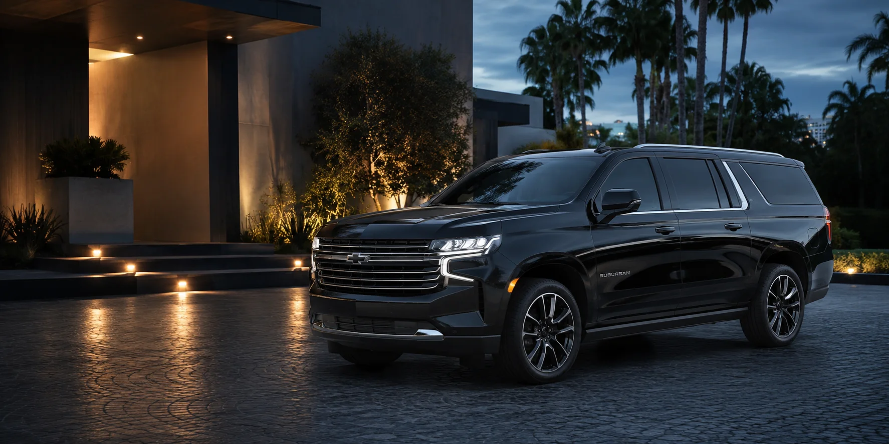 Representative black Chevrolet Suburban at a refined Los Angeles arrival court at blue hour