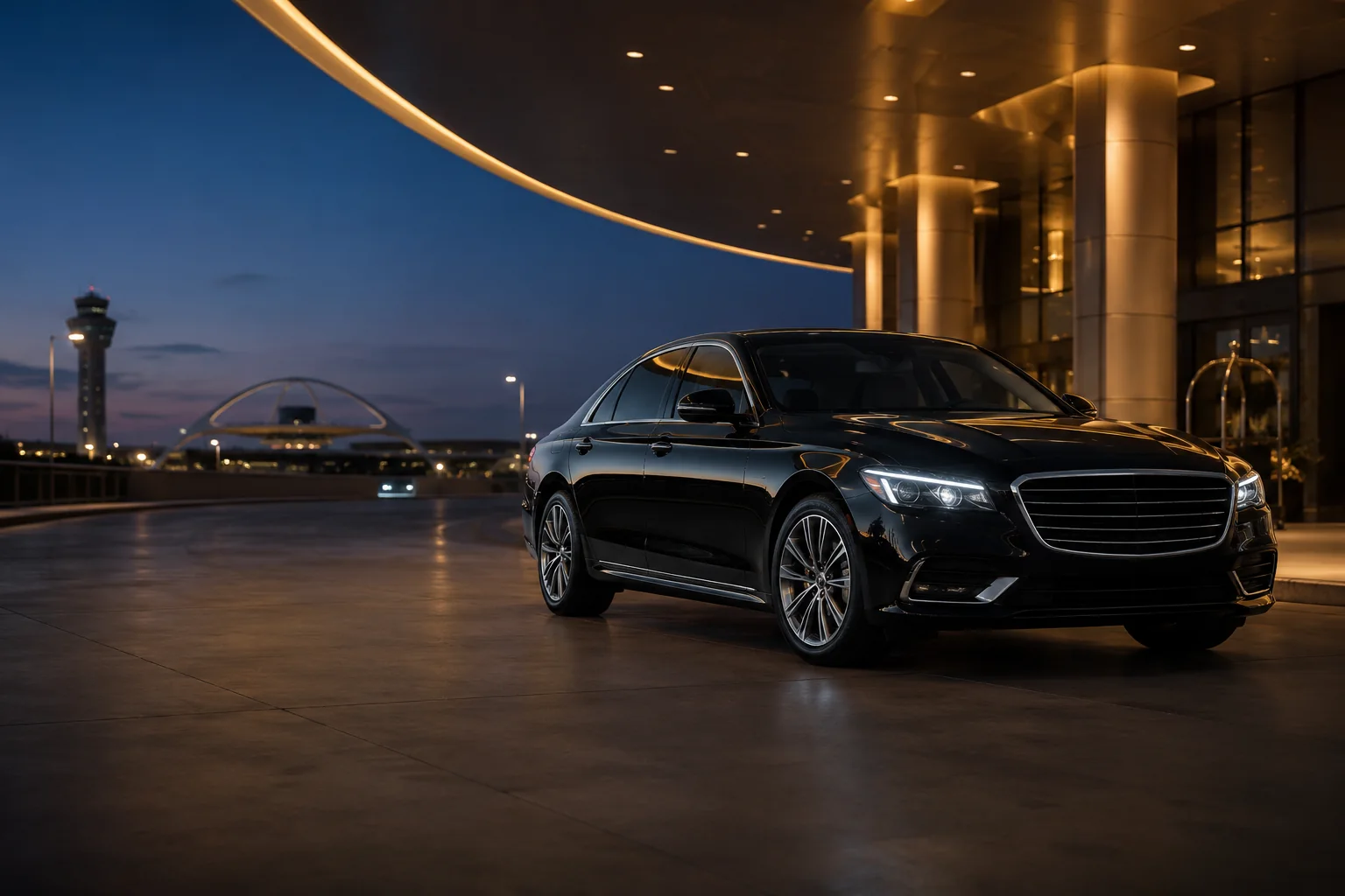 Representative black executive sedan at a modern Los Angeles airport hotel at blue hour