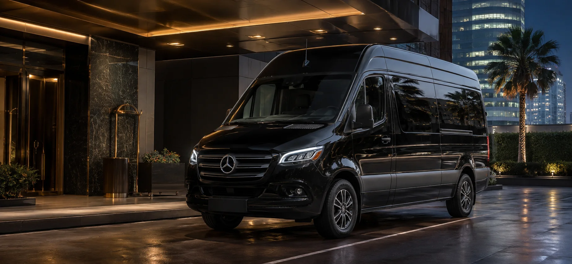 Representative black Mercedes Sprinter passenger van at a Los Angeles hotel arrival lane