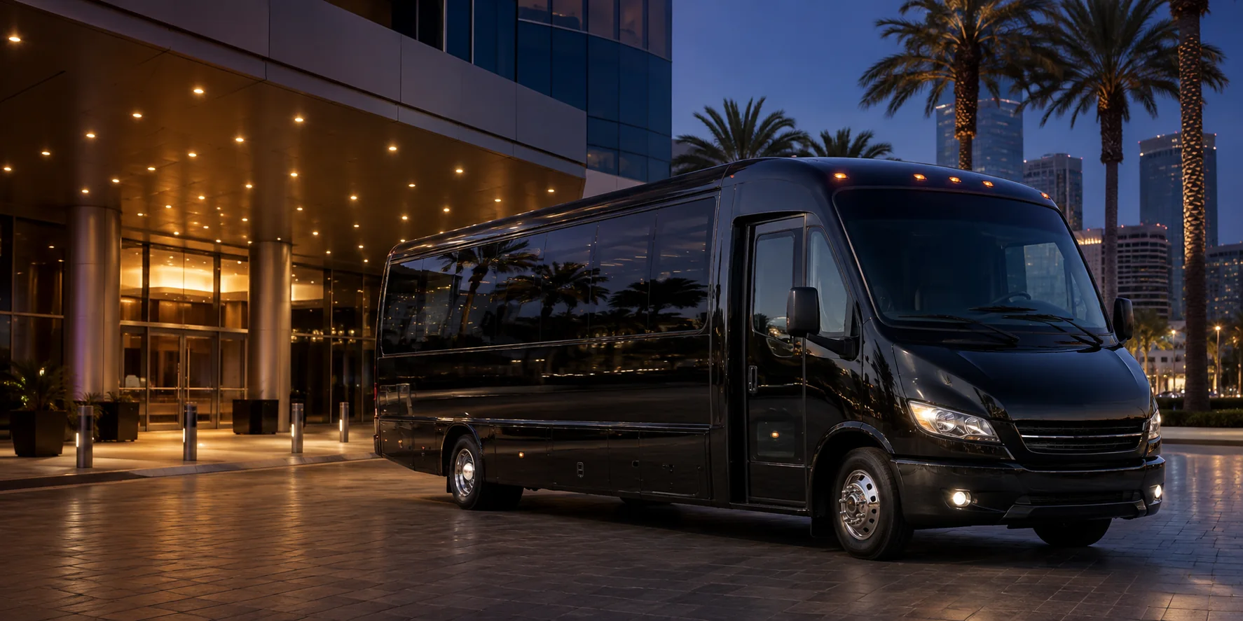 Representative black mini coach outside a contemporary Los Angeles convention hotel at night