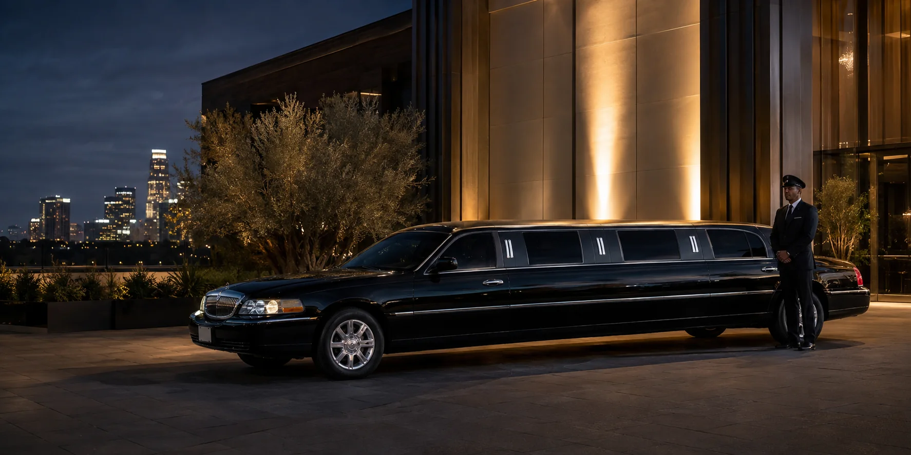 Representative black stretch limousine outside an elegant Los Angeles event venue at night