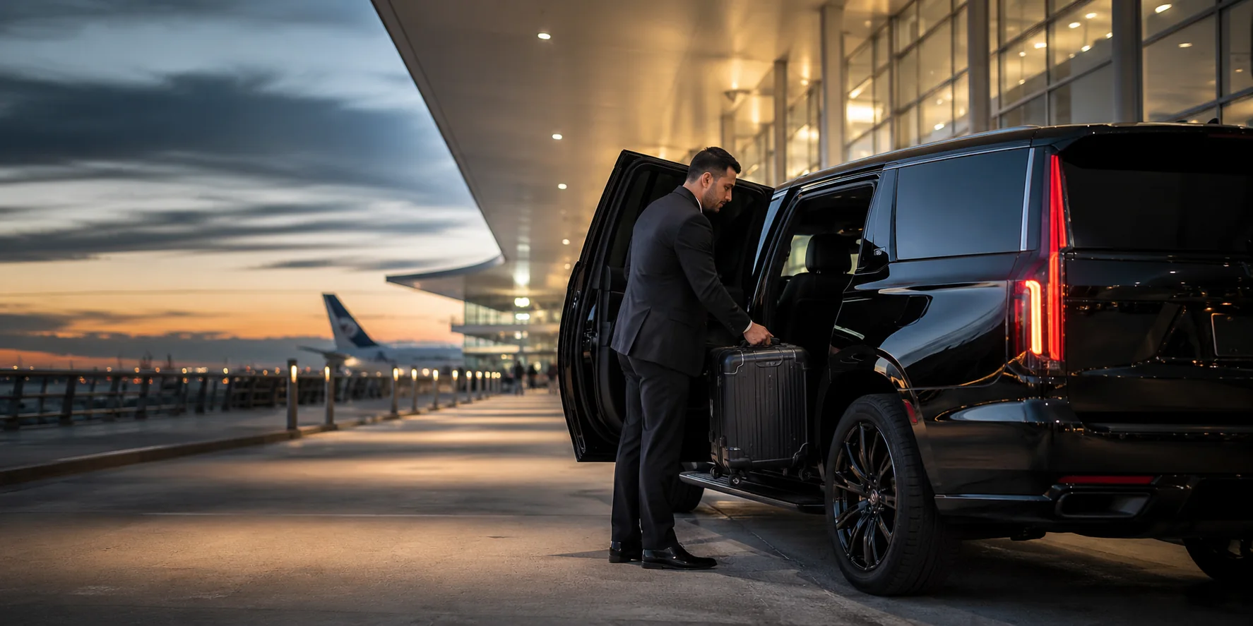 Professional chauffeur loading luggage into a black luxury SUV at a Los Angeles airport terminal at dusk
