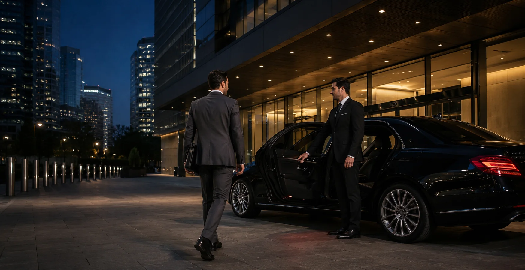 Business traveler approaching a chauffeured black luxury sedan outside a downtown Los Angeles office tower