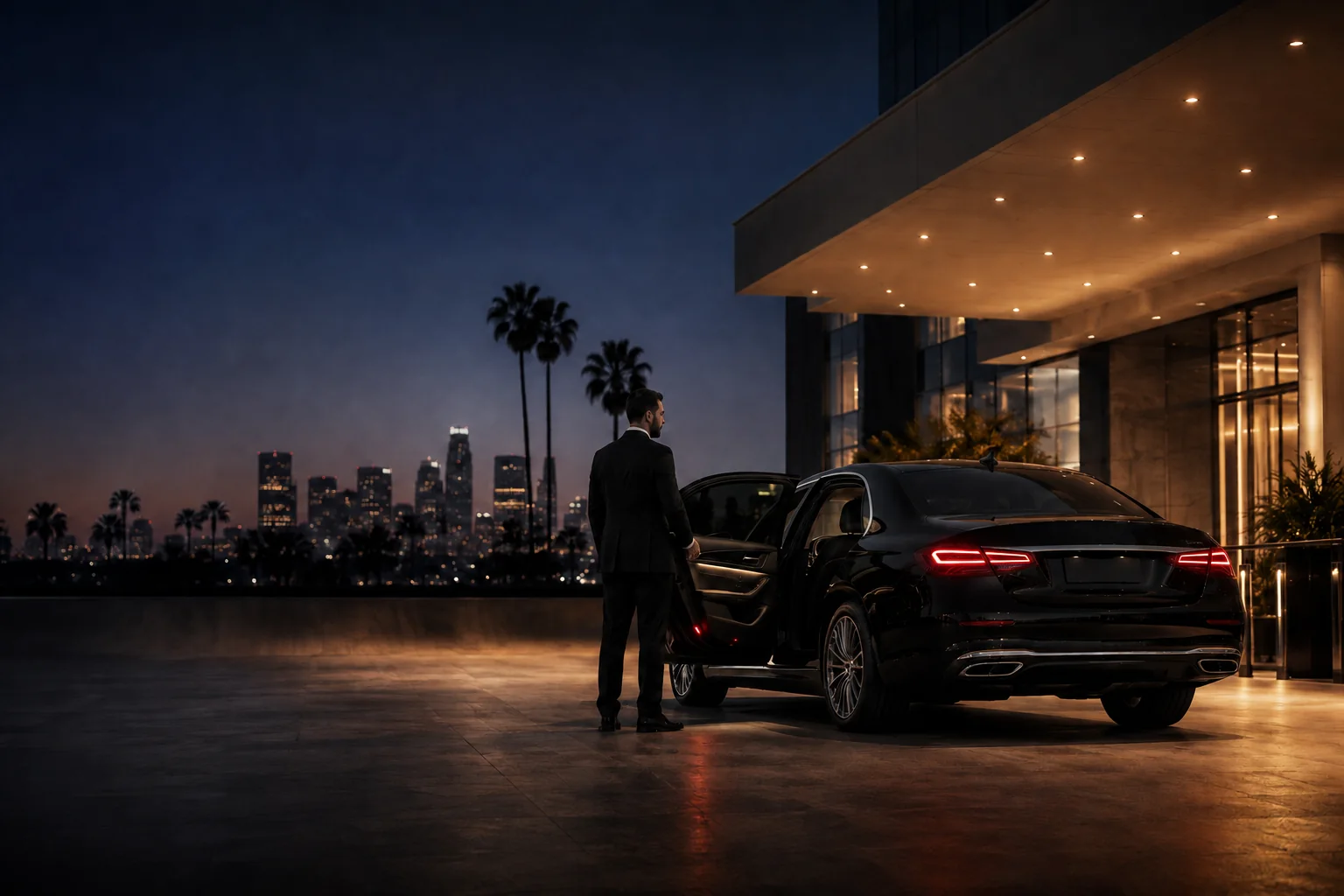 Professional chauffeur beside a black luxury sedan overlooking the Los Angeles skyline at dusk