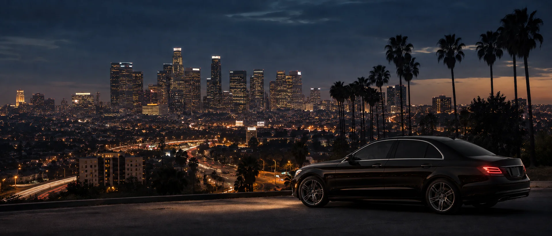 Black luxury sedan overlooking the illuminated Downtown Los Angeles skyline and palm trees at twilight