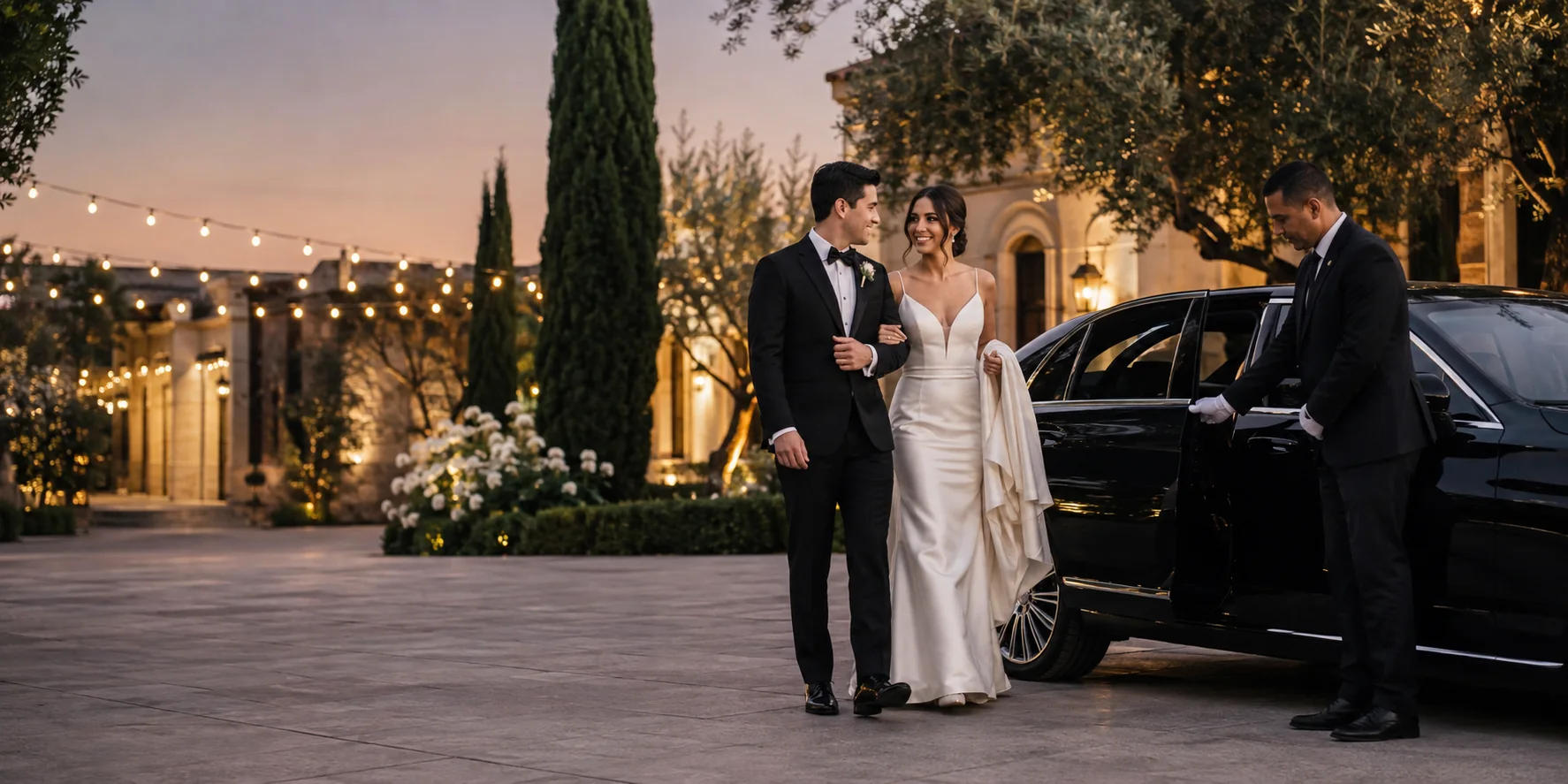 Newlywed couple approaching a chauffeured black luxury sedan at a Southern California garden venue