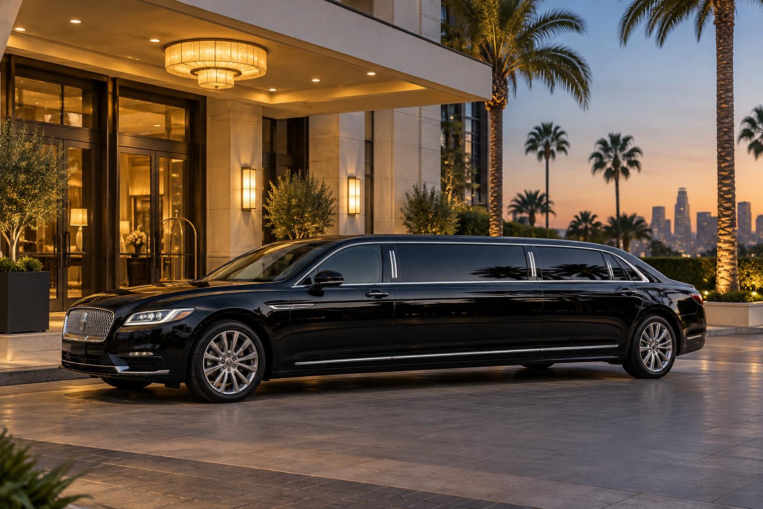 Generated illustration of a limousine arriving at a Los Angeles hotel